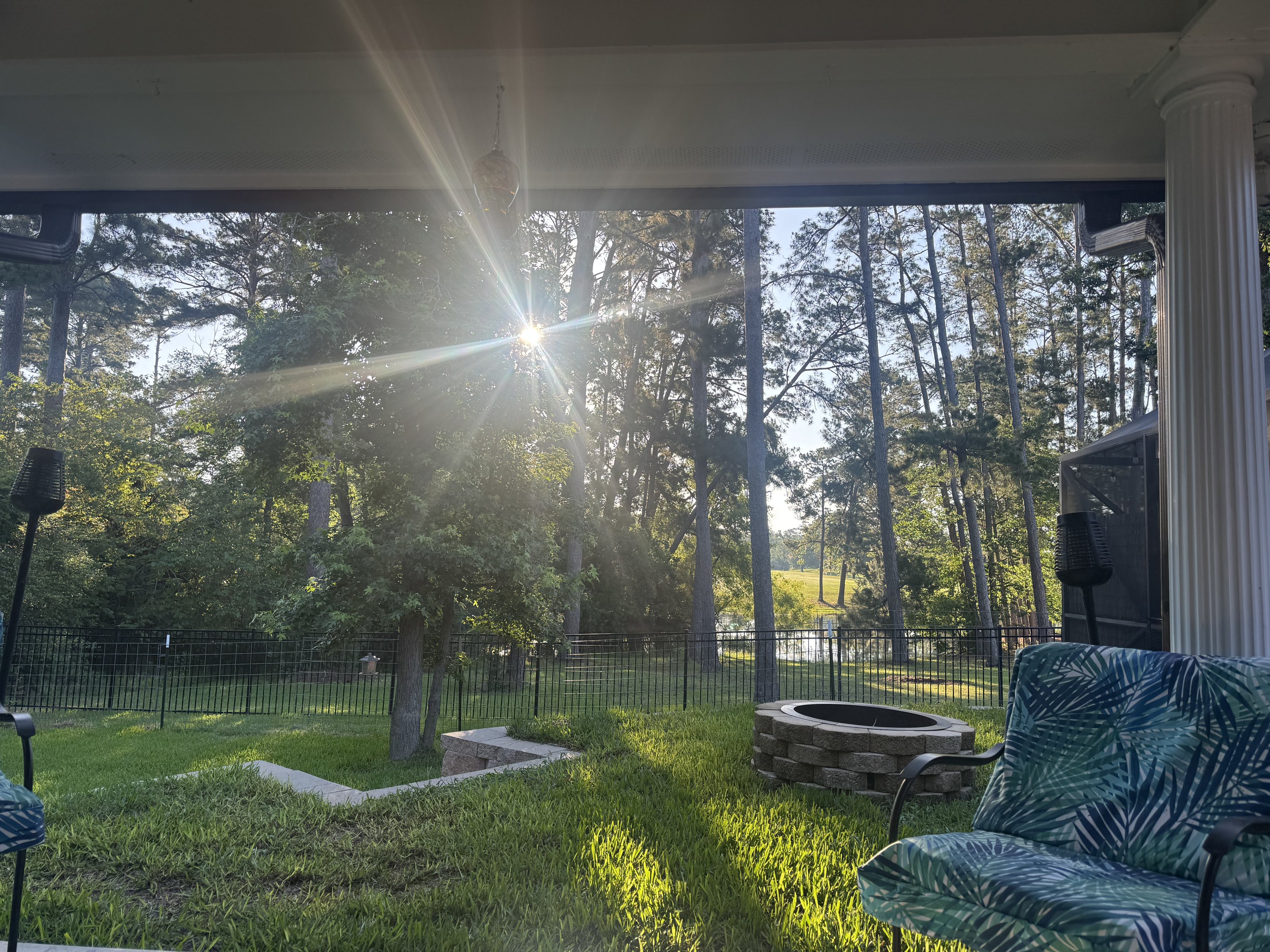 Covered porch with fire pit view